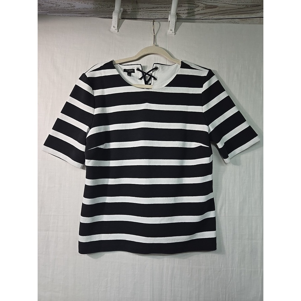 Talbots‎ Knit Top Blouse Women's Size Petite L Striped Black & White Hockey Lace